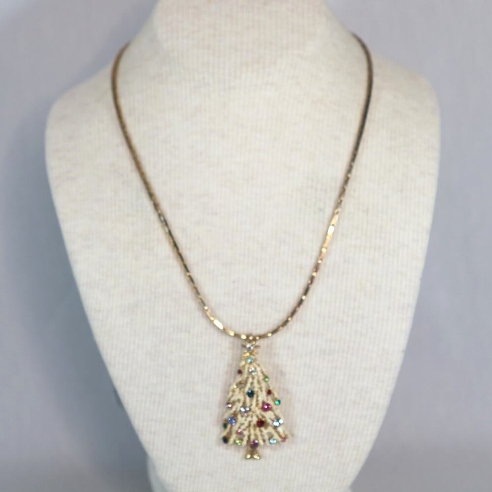 💎Christmas Tree Pendant Necklace Cream Enamel And Multicolored Rhinestones